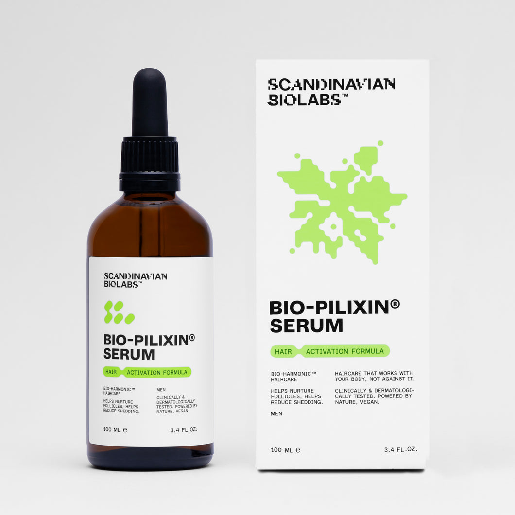 Bottle and box of Scandinavian Biolabs Bio-Pilixin Serum on a white background