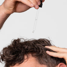 Load image into Gallery viewer, Person applying a dropper of liquid to their hair against a white background